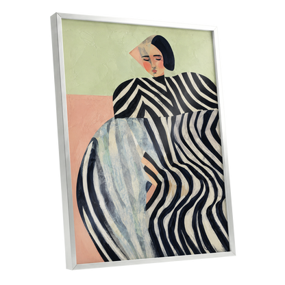 Quiet Stripe Reverie, black, beige, green abstract wall art shown as a silver framed poster wall art print