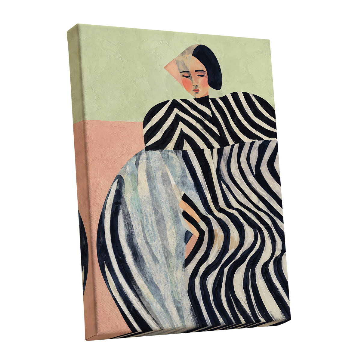 Quiet Stripe Reverie, black, beige, green abstract wall art shown as a stretched canvas wall art
