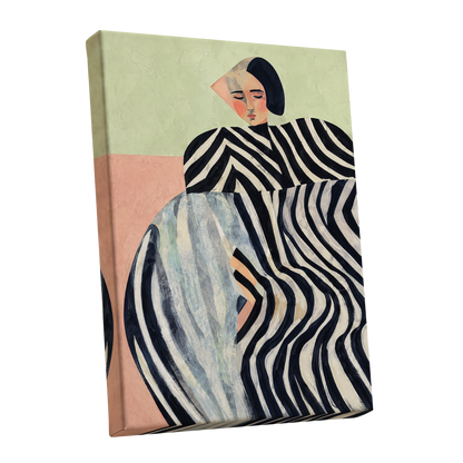 Quiet Stripe Reverie, black, beige, green abstract wall art shown as a stretched canvas wall art