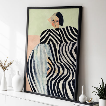 Quiet Stripe Reverie, black, beige, green abstract wall art displayed in a styled interior, gallery view 2