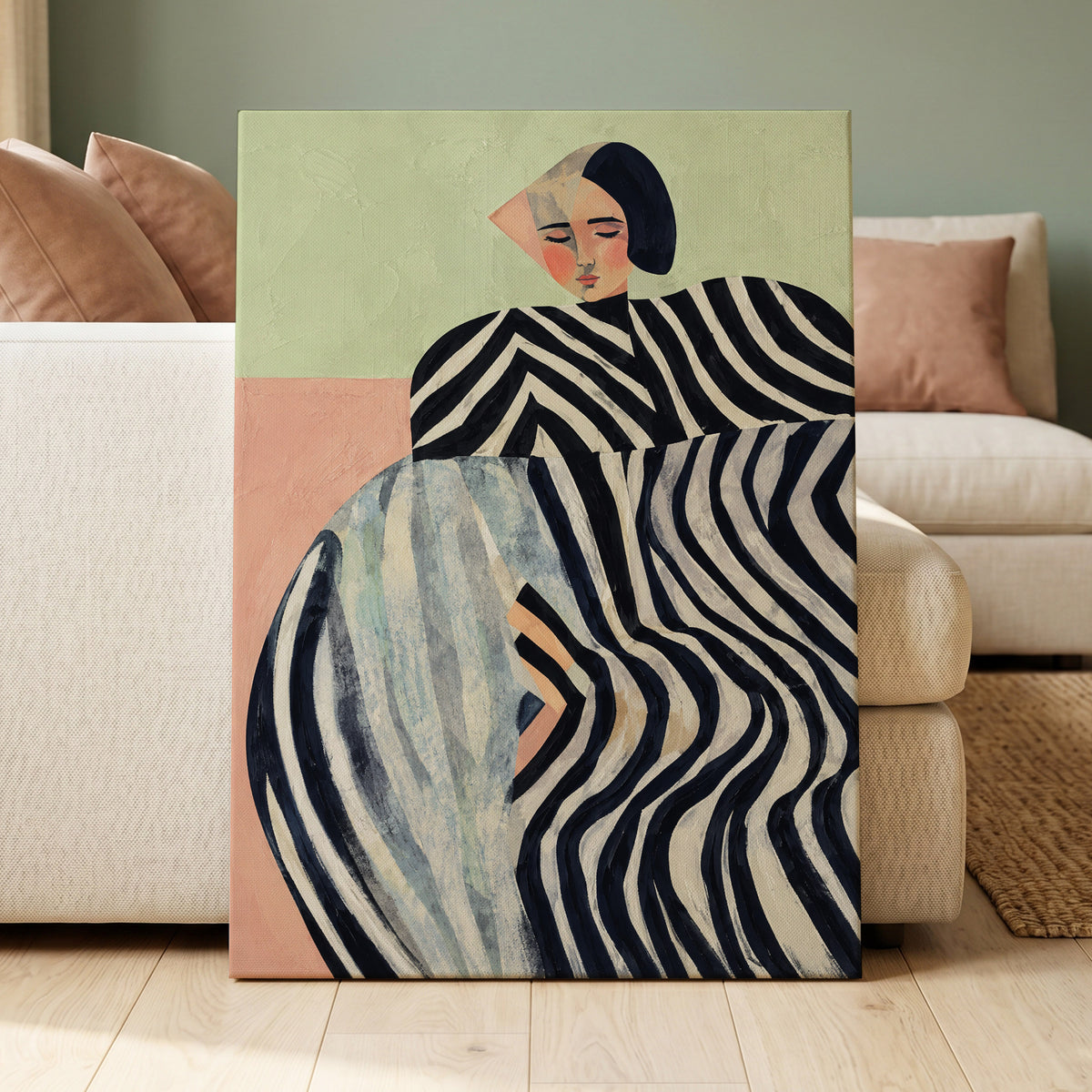 Quiet Stripe Reverie, black, beige, green abstract wall art displayed in a styled interior, gallery view 3