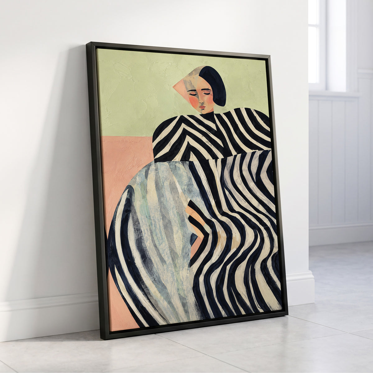 Quiet Stripe Reverie, black, beige, green abstract wall art displayed in a styled interior, gallery view 4