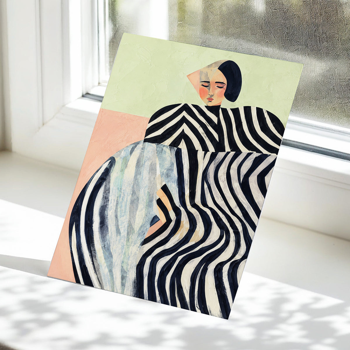 Quiet Stripe Reverie, black, beige, green abstract wall art displayed in a styled interior, gallery view 5