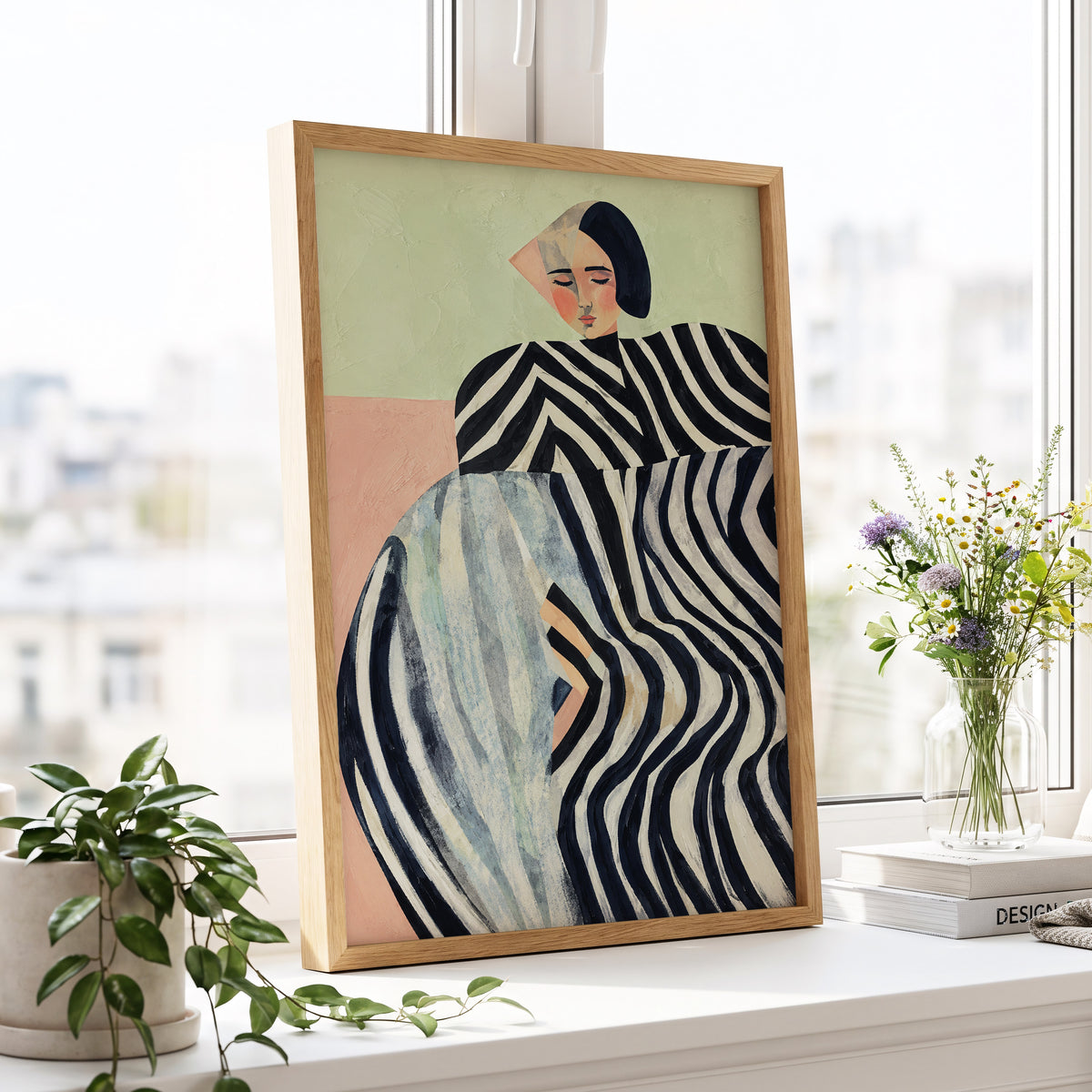 Quiet Stripe Reverie, black, beige, green abstract wall art displayed in a styled interior, gallery view 6