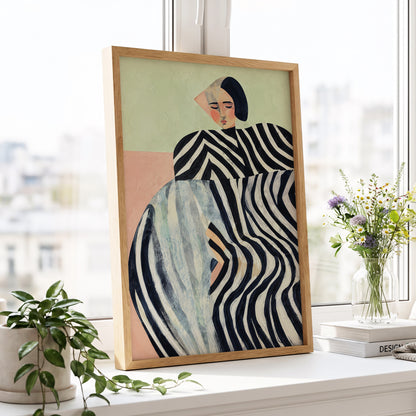 Quiet Stripe Reverie, black, beige, green abstract wall art displayed in a styled interior, gallery view 6
