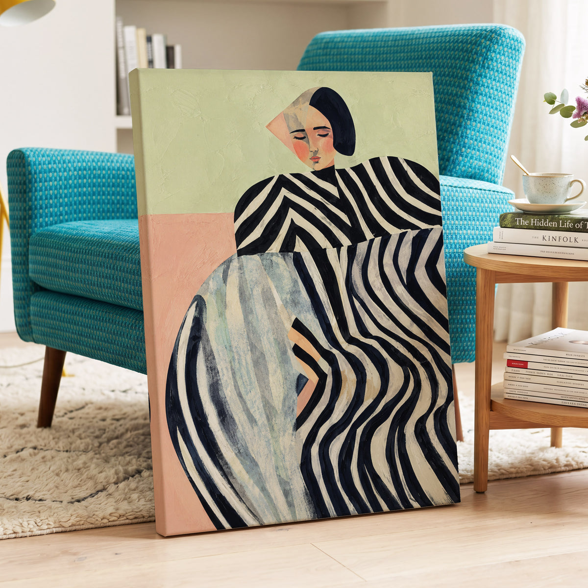 Quiet Stripe Reverie, black, beige, green abstract wall art displayed in a styled interior, gallery view 7