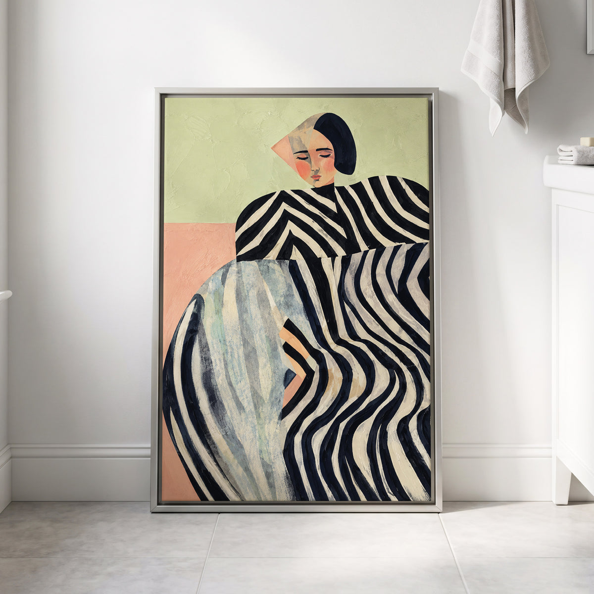 Quiet Stripe Reverie, black, beige, green abstract wall art displayed in a styled interior, gallery view 8