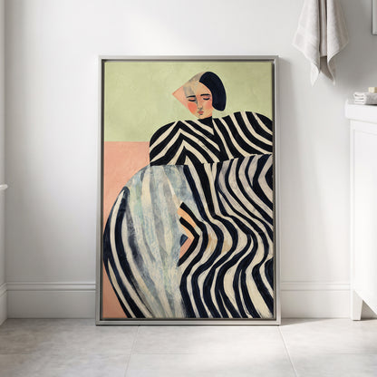 Quiet Stripe Reverie, black, beige, green abstract wall art displayed in a styled interior, gallery view 8