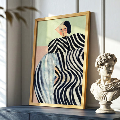 Quiet Stripe Reverie, black, beige, green abstract wall art displayed in a styled interior, gallery view 9