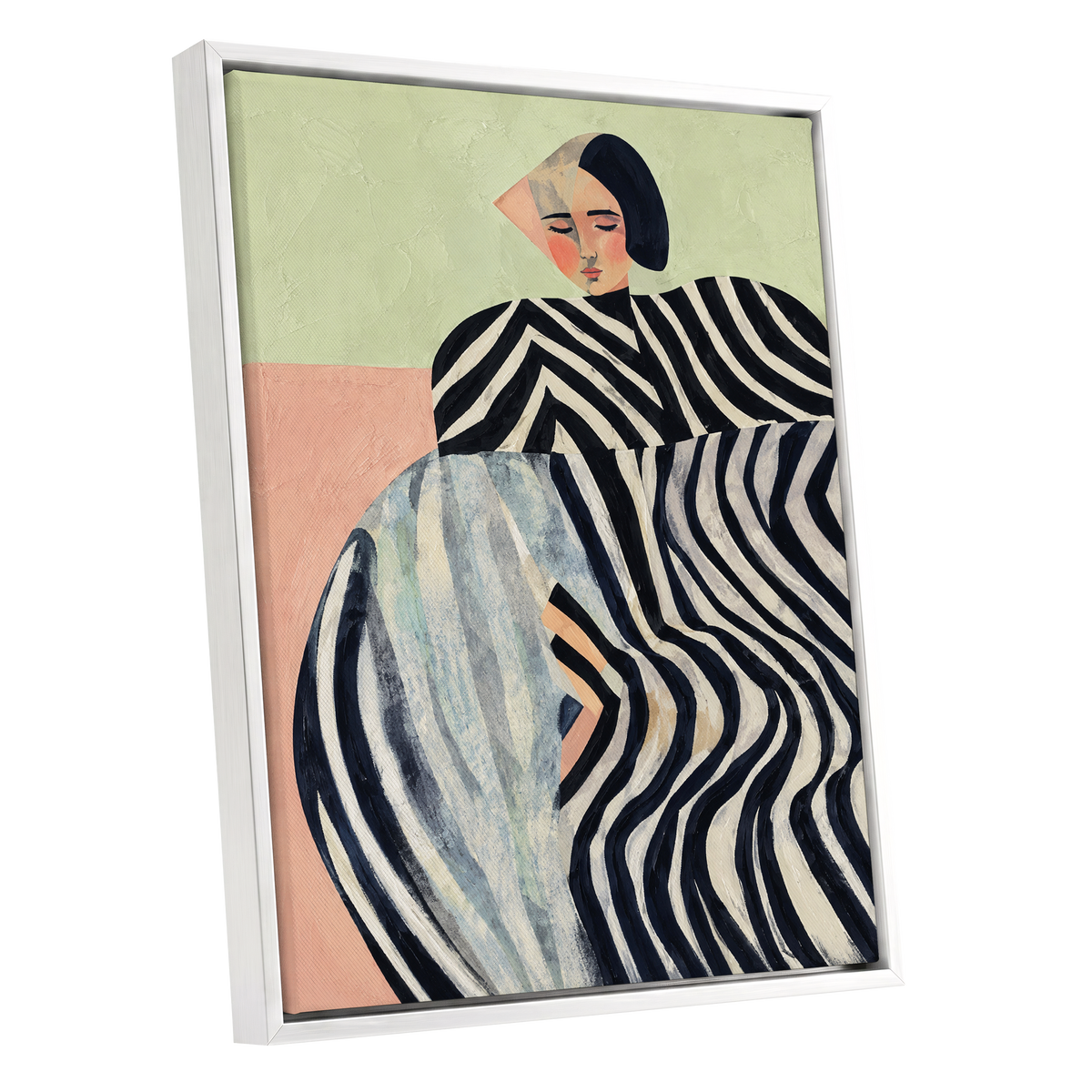 Quiet Stripe Reverie, black, beige, green abstract wall art shown as a white framed canvas wall art