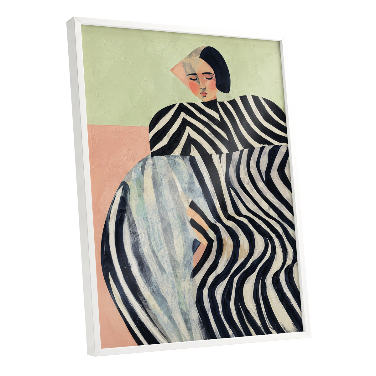Quiet Stripe Reverie, black, beige, green abstract wall art shown as a white framed poster wall art print