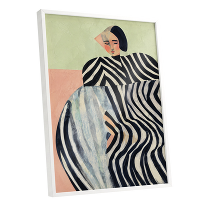 Quiet Stripe Reverie, black, beige, green abstract wall art shown as a white framed poster wall art print