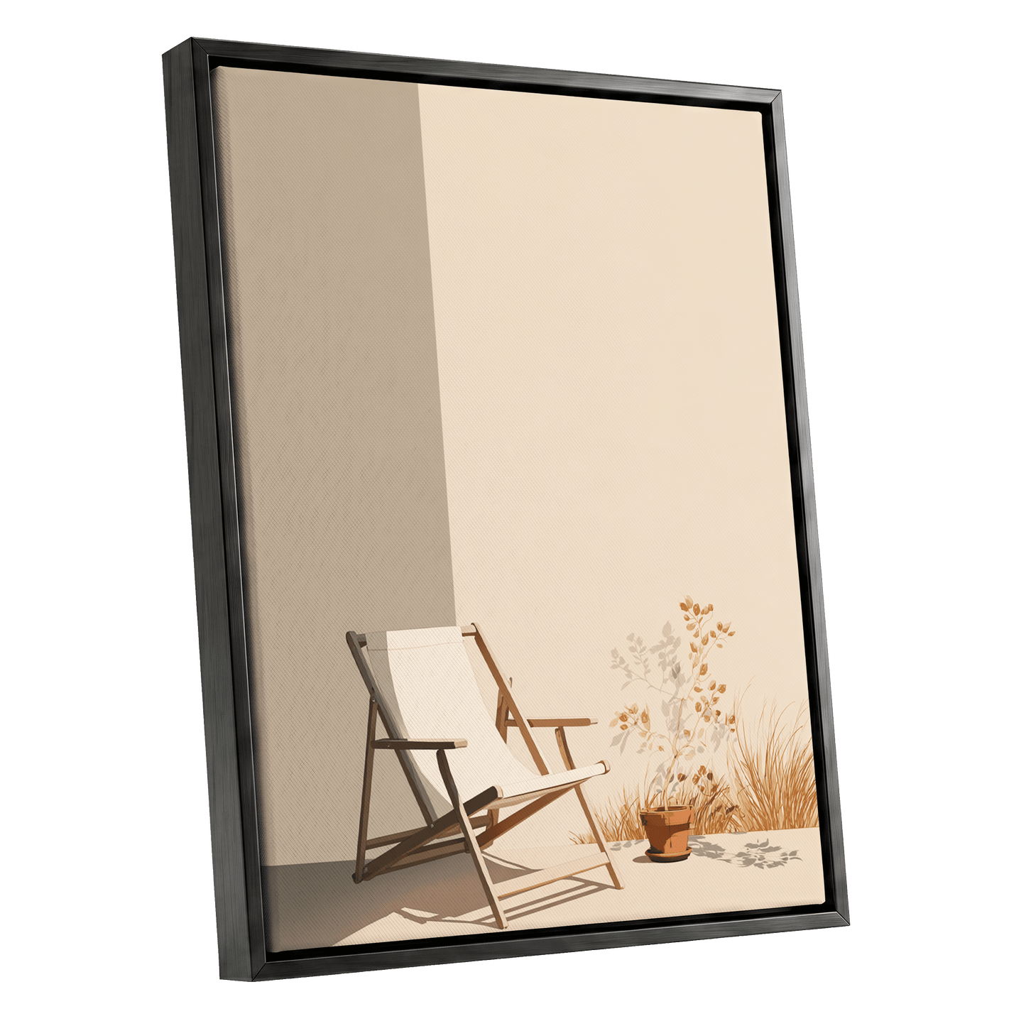 Quiet Terrace, beige, brown, white nature wall art shown as a black framed canvas wall art