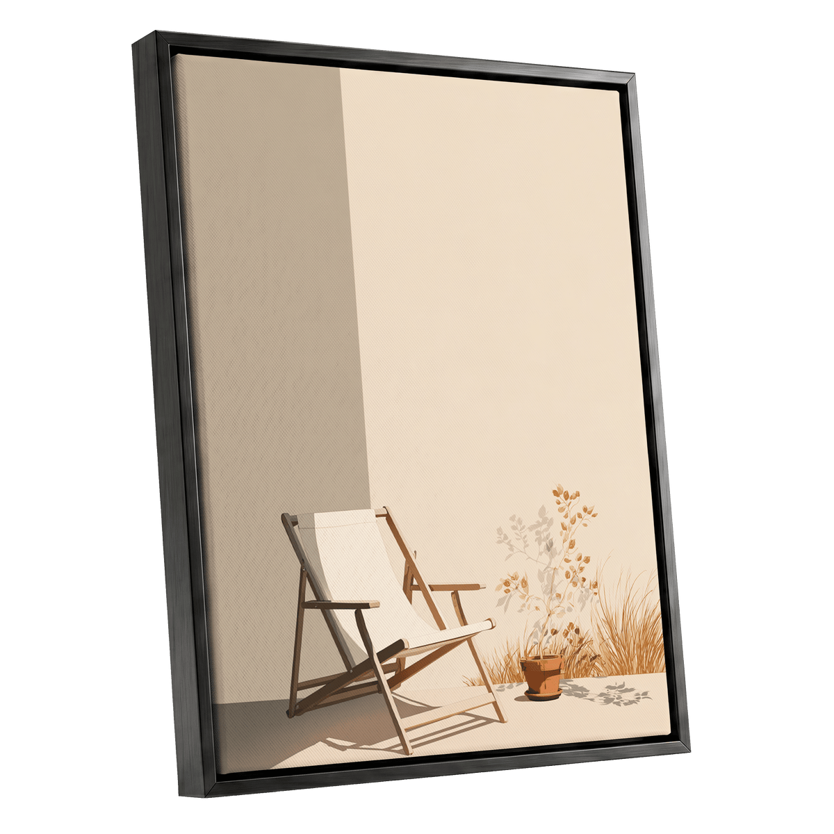 Quiet Terrace, beige, brown, white nature wall art shown as a black framed canvas wall art