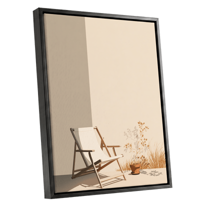 Quiet Terrace, beige, brown, white nature wall art shown as a black framed canvas wall art