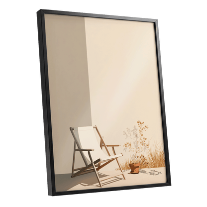 Quiet Terrace, beige, brown, white nature wall art shown as a black framed poster wall art print