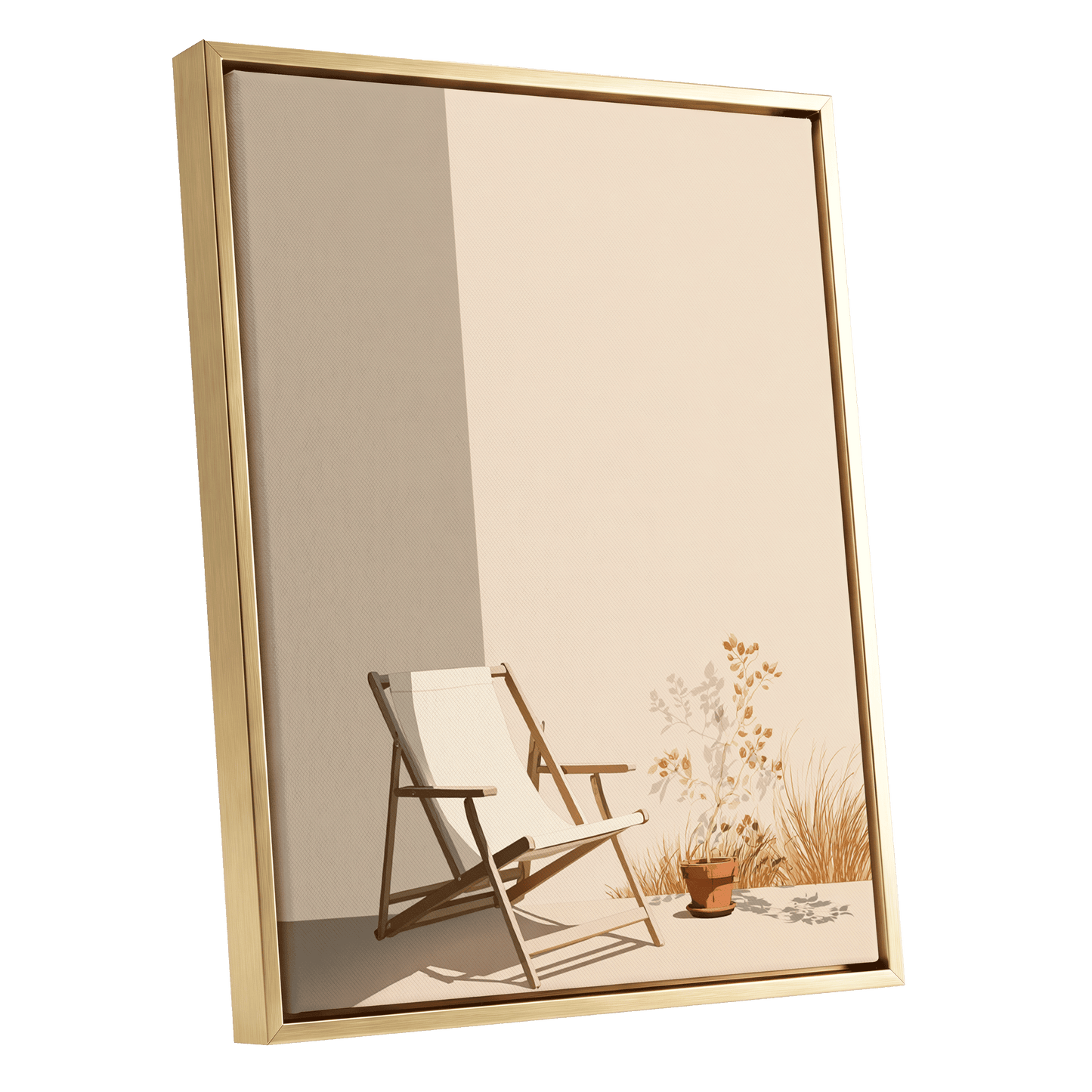 Quiet Terrace, beige, brown, white nature wall art shown as a gold framed canvas wall art