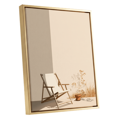 Quiet Terrace, beige, brown, white nature wall art shown as a gold framed canvas wall art