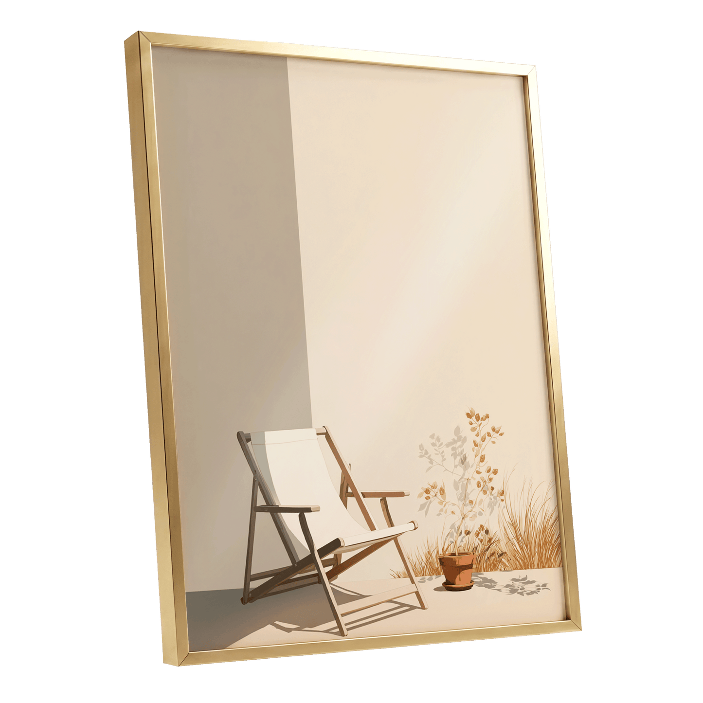 Quiet Terrace, beige, brown, white nature wall art shown as a gold framed poster wall art print