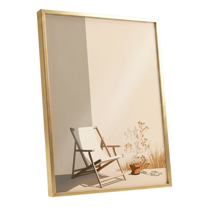 Quiet Terrace, beige, brown, white nature wall art shown as a gold framed poster wall art print