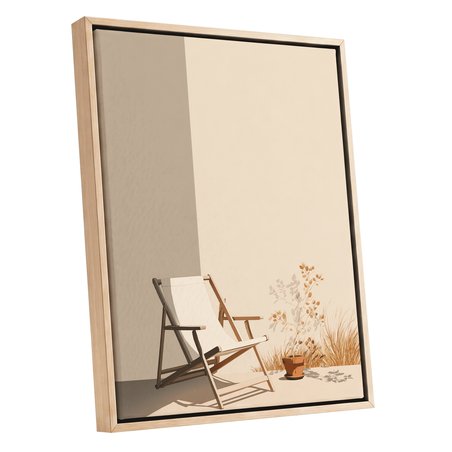 Quiet Terrace, beige, brown, white nature wall art shown as a oak framed canvas wall art