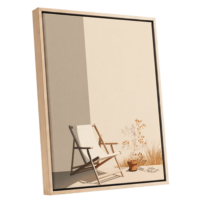Quiet Terrace, beige, brown, white nature wall art shown as a oak framed canvas wall art