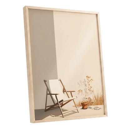 Quiet Terrace, beige, brown, white nature wall art shown as a oak framed poster wall art print