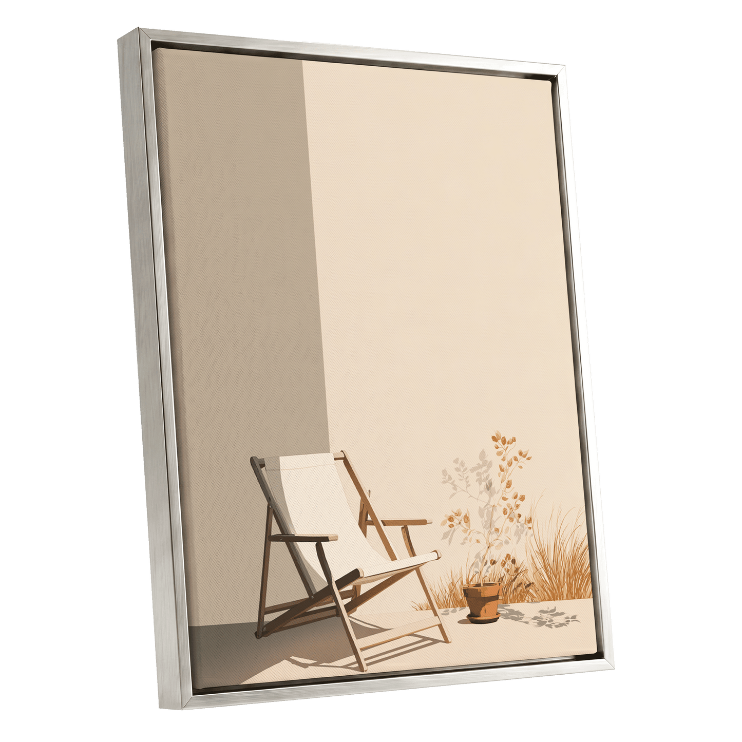 Quiet Terrace, beige, brown, white nature wall art shown as a silver framed canvas wall art