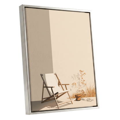Quiet Terrace, beige, brown, white nature wall art shown as a silver framed canvas wall art
