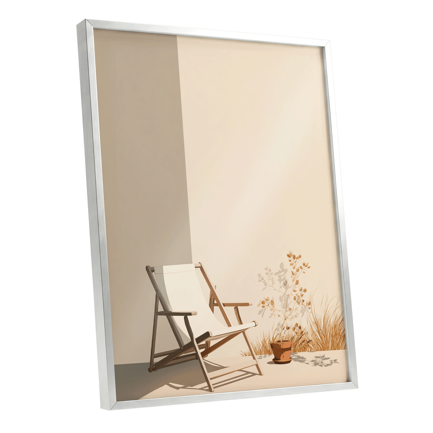 Quiet Terrace, beige, brown, white nature wall art shown as a silver framed poster wall art print