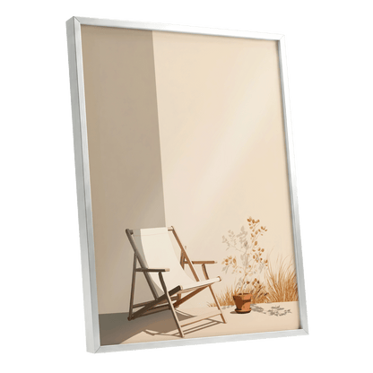 Quiet Terrace, beige, brown, white nature wall art shown as a silver framed poster wall art print