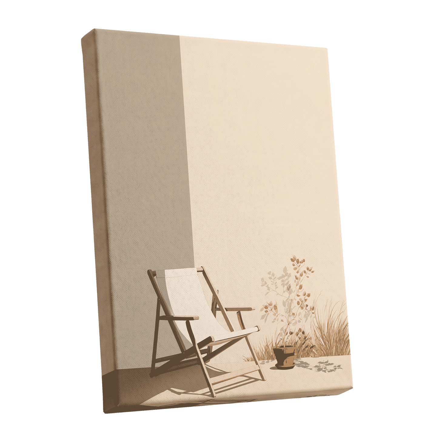 Quiet Terrace, beige, brown, white nature wall art shown as a stretched canvas wall art