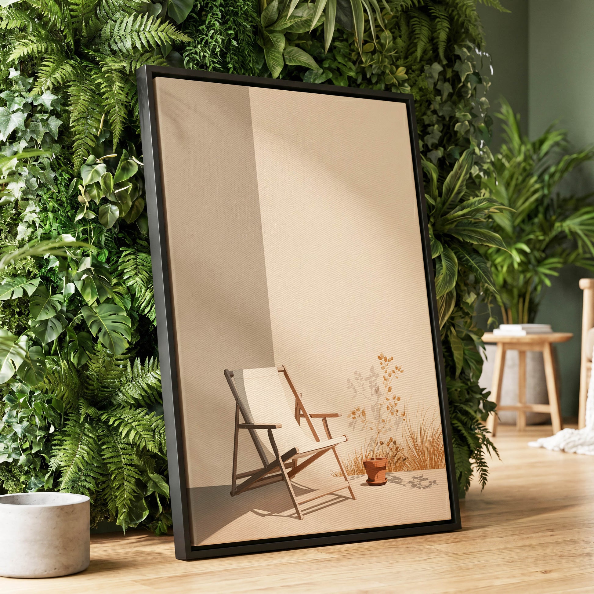 Quiet Terrace, beige, brown, white nature wall art displayed in a styled interior, gallery view 1