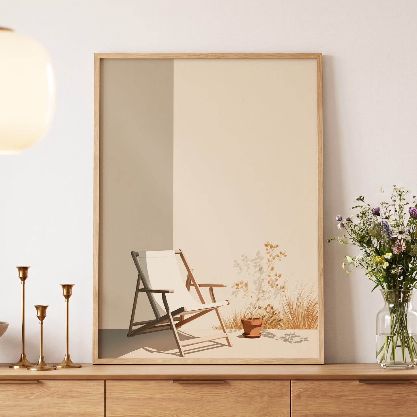 Quiet Terrace, beige, brown, white nature wall art displayed in a styled interior, gallery view 5