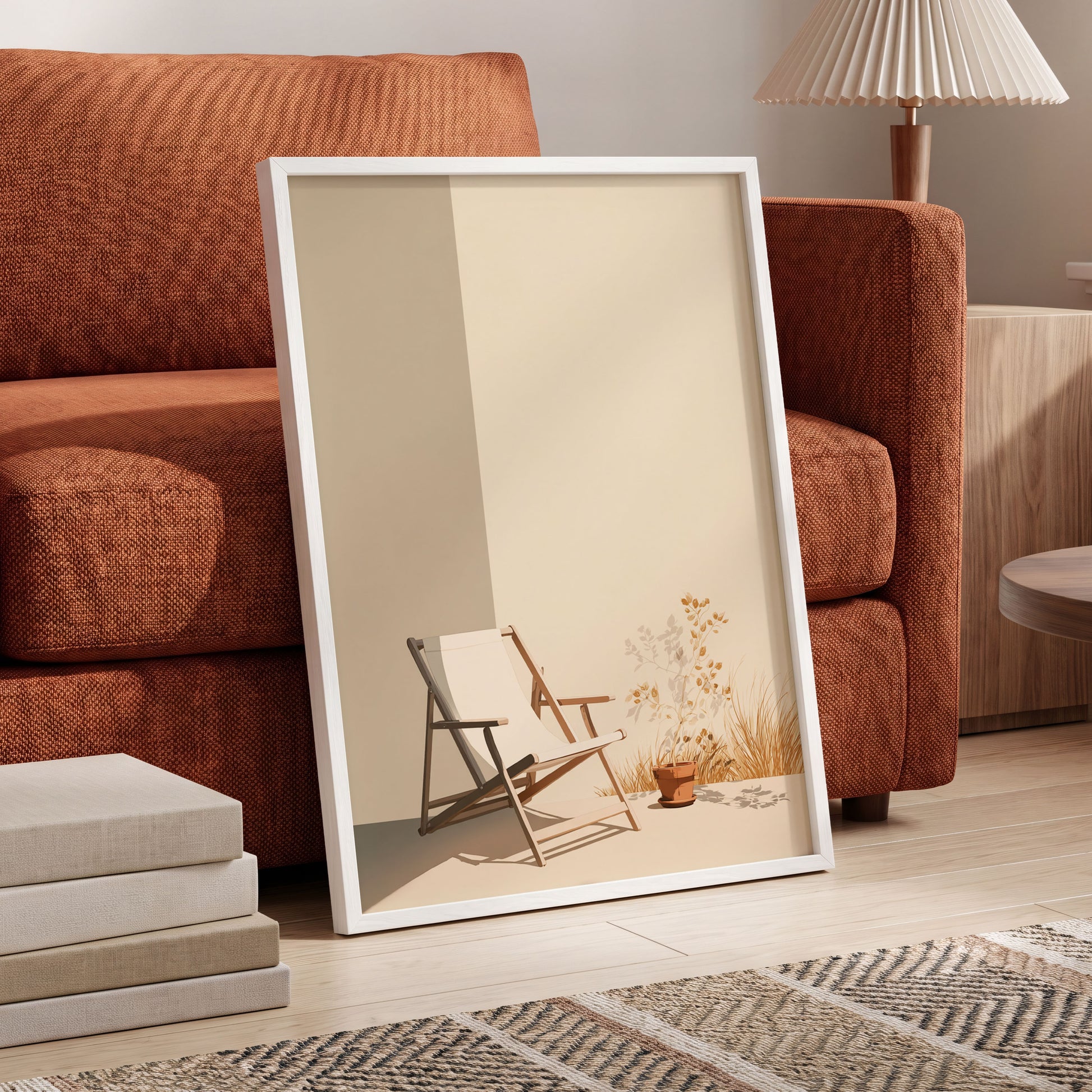 Quiet Terrace, beige, brown, white nature wall art displayed in a styled interior, gallery view 6