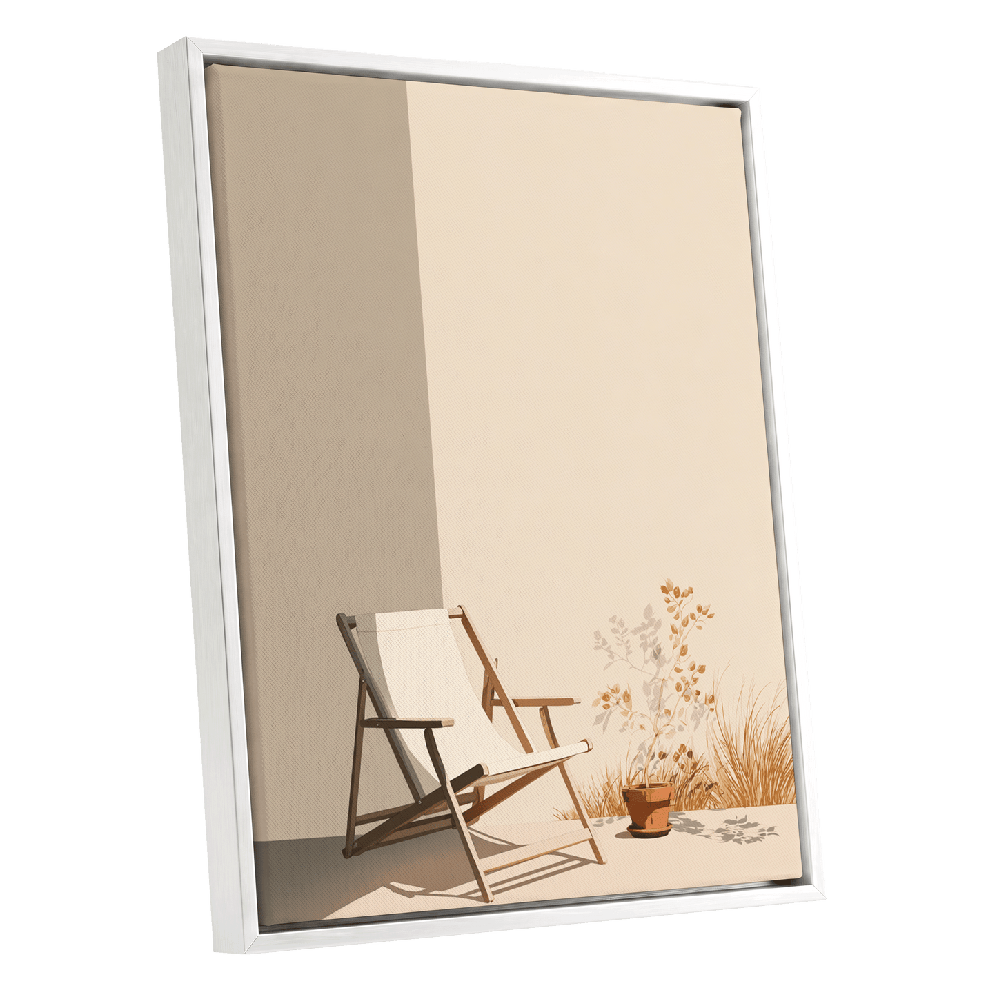 Quiet Terrace, beige, brown, white nature wall art shown as a white framed canvas wall art