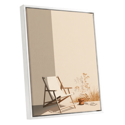 Quiet Terrace, beige, brown, white nature wall art shown as a white framed canvas wall art