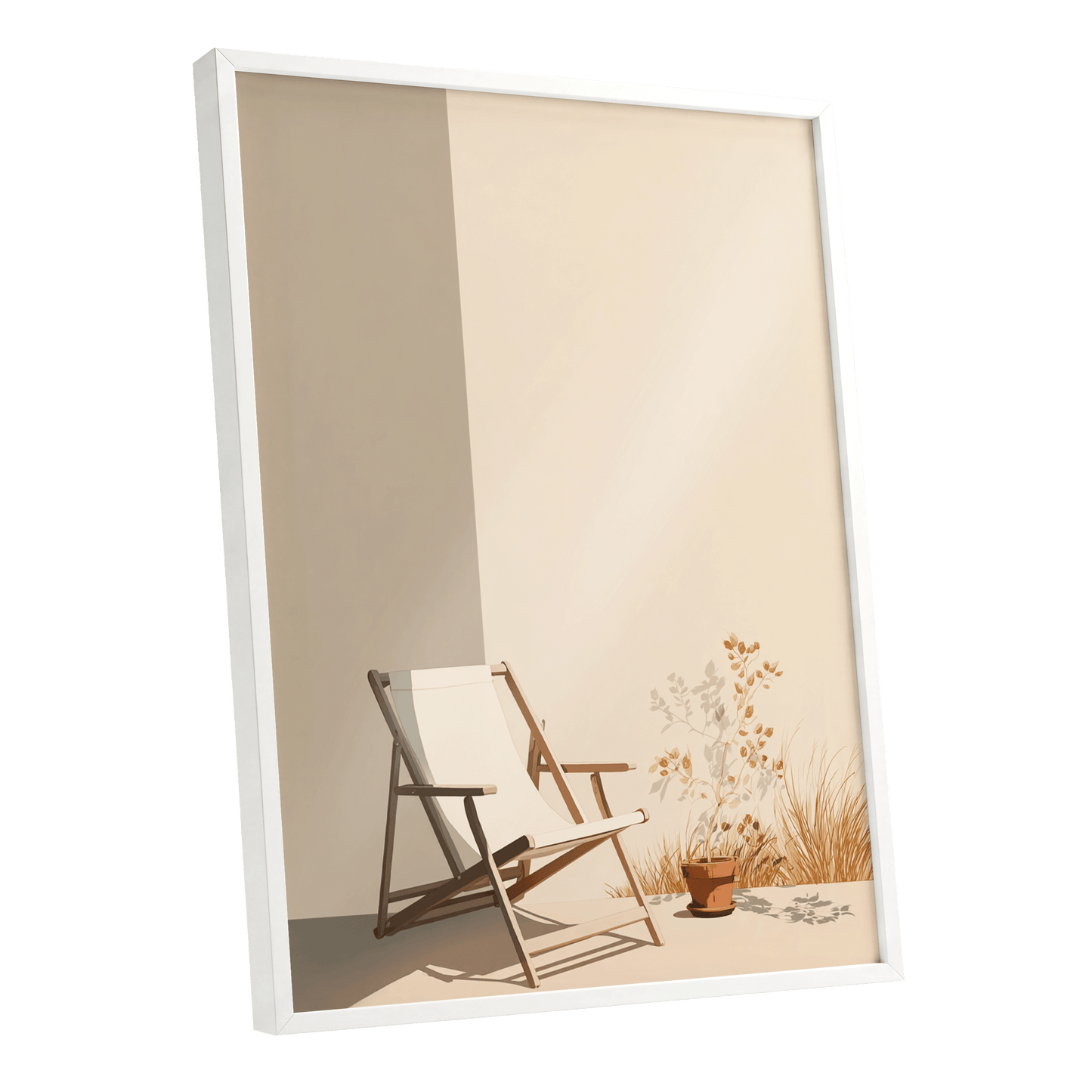 Quiet Terrace, beige, brown, white nature wall art shown as a white framed poster wall art print