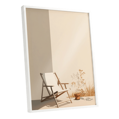 Quiet Terrace, beige, brown, white nature wall art shown as a white framed poster wall art print