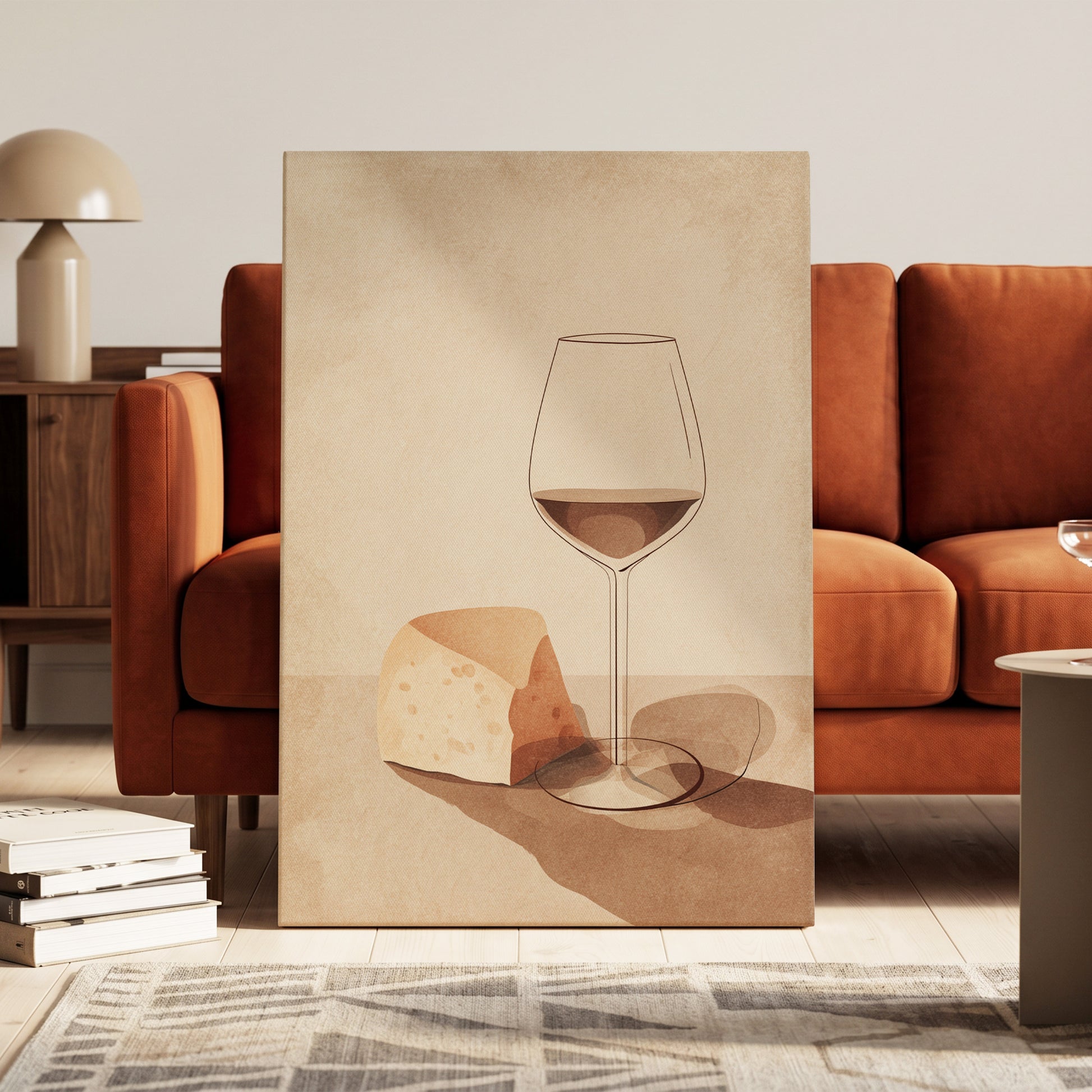Quiet Vintage Pour, beige, brown, orange minimalist wall art on canvas displayed in a styled interior, gallery view 1