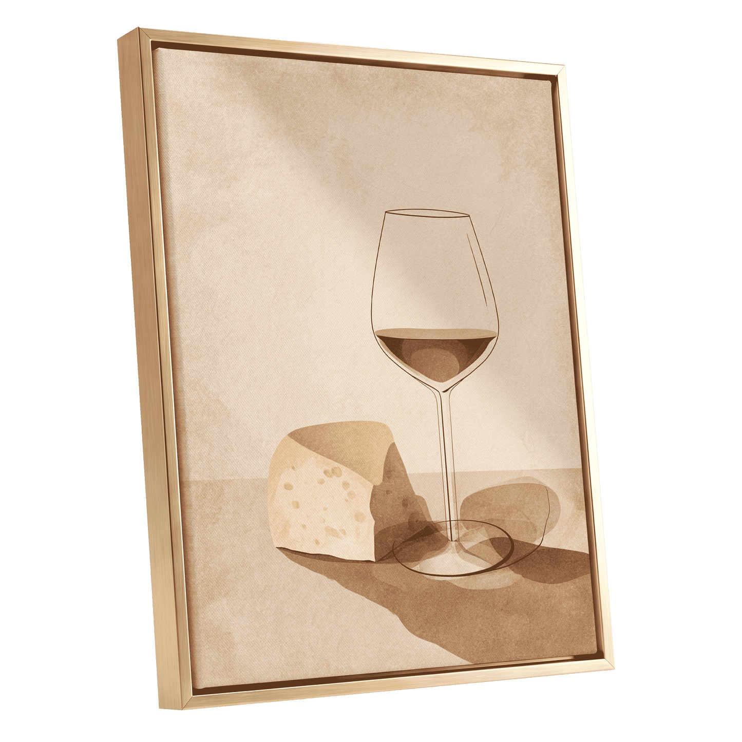 Quiet Vintage Pour, beige, brown, orange minimalist wall art shown as a gold framed canvas wall art