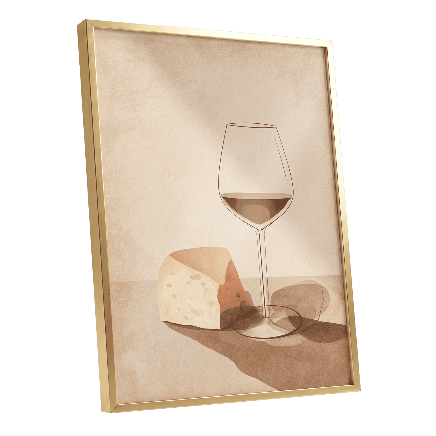 Quiet Vintage Pour, beige, brown, orange minimalist wall art shown as a gold framed poster wall art print