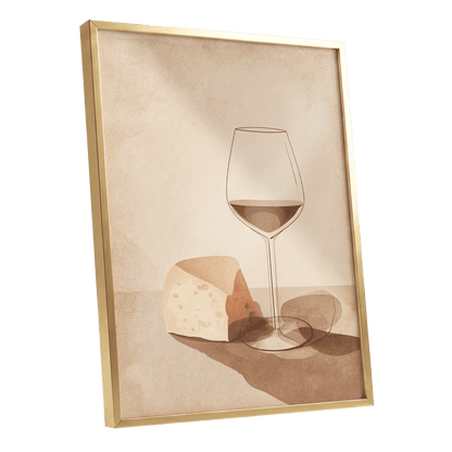 Quiet Vintage Pour, beige, brown, orange minimalist wall art shown as a gold framed poster wall art print