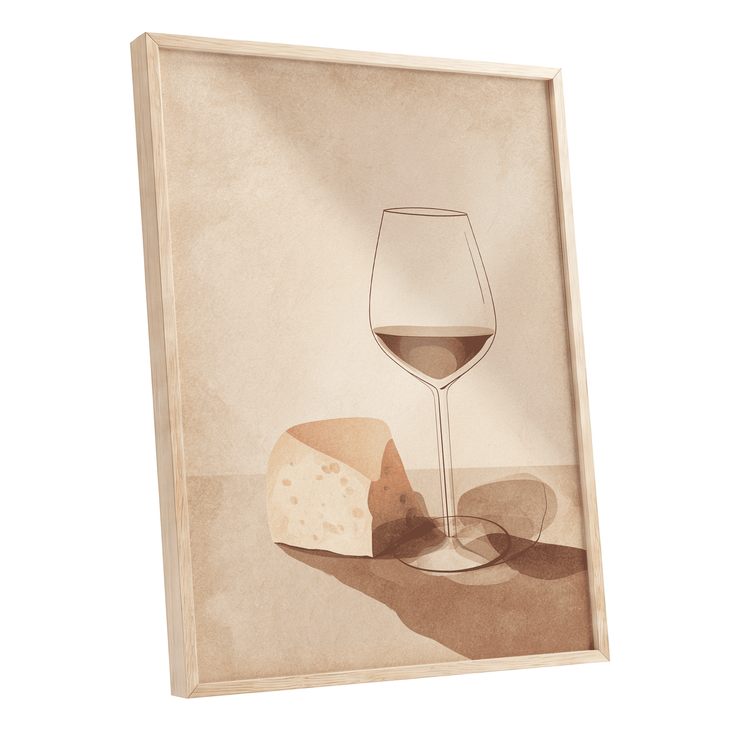 Quiet Vintage Pour, beige, brown, orange minimalist wall art shown as a oak framed poster wall art print