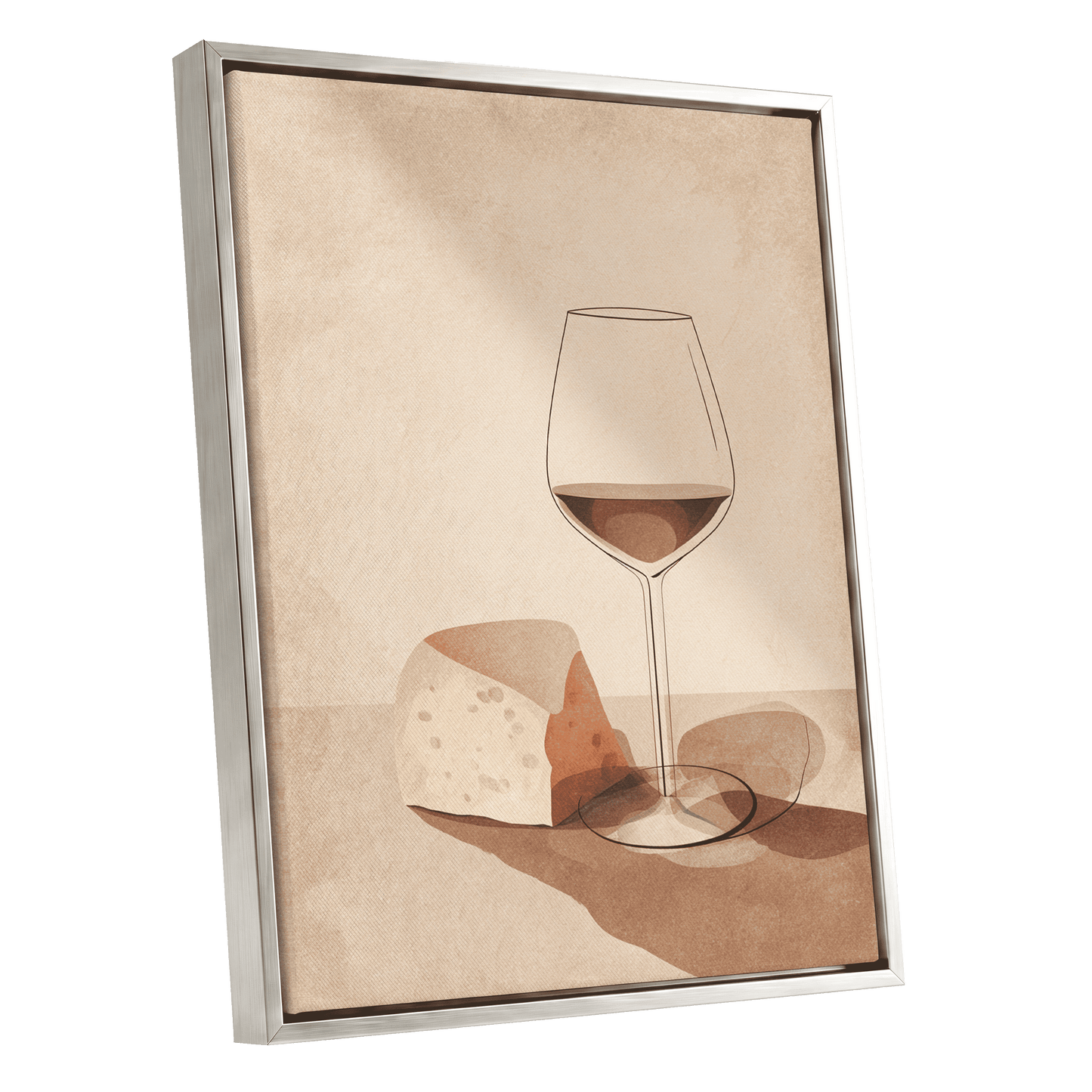 Quiet Vintage Pour, beige, brown, orange minimalist wall art shown as a silver framed canvas wall art