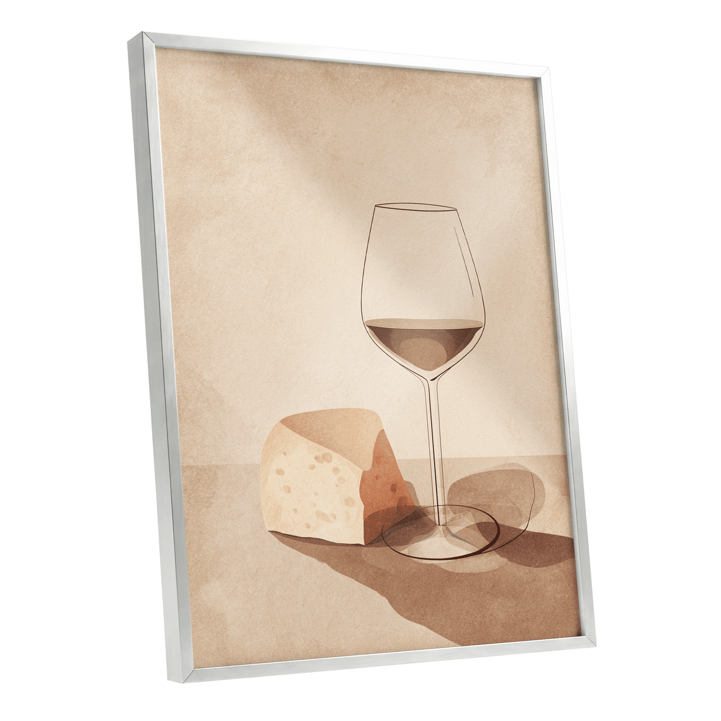 Quiet Vintage Pour, beige, brown, orange minimalist wall art shown as a silver framed poster wall art print
