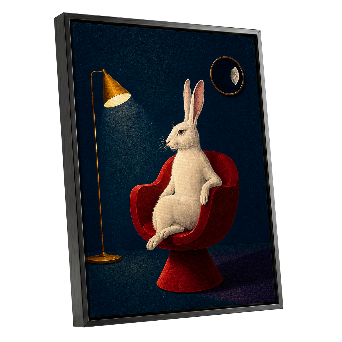 Rabbit After Hours, blue, red, beige minimalist wall art shown as a black framed canvas wall art