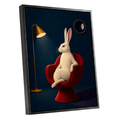 Rabbit After Hours, blue, red, beige minimalist wall art shown as a black framed canvas wall art