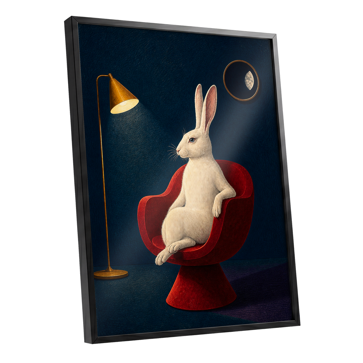 Rabbit After Hours, blue, red, beige minimalist wall art shown as a black framed poster wall art print