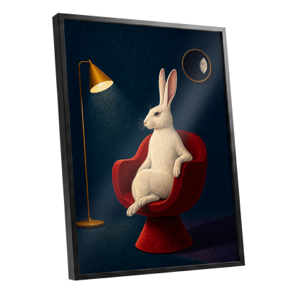 Rabbit After Hours, blue, red, beige minimalist wall art shown as a black framed poster wall art print
